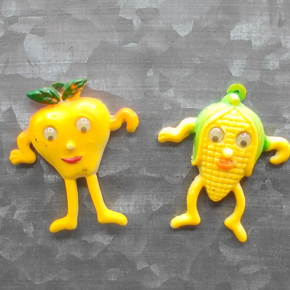 1978 Crazy Fruit Fridge Magnets Googly Eye Corn & Apple Anthropomorphic Vintage